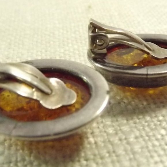 Vintage Amber and 925 Silver Clip On Earrings - Picture 3 of 5